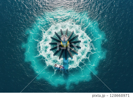 Tidal turbine rotor creating turquoise swirl with small boat below at sea 128668971