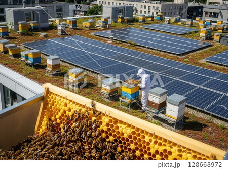 Urban beekeeper tending to hives on solar-powered green roof with honeycomb close-up 128668972
