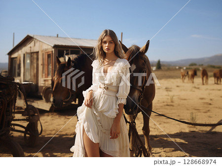 Beautiful fashion woman model with wild horses in countryside wearing white dress.AI Generative 128668974