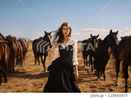 Beautiful woman with wild horses in countryside wearing black and white.AI Generative 128668975