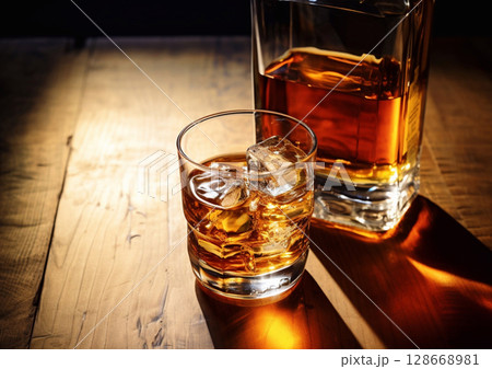 Bottle of whiskey with glass and ice standing on on wooden table.View from above.AI Generative 128668981