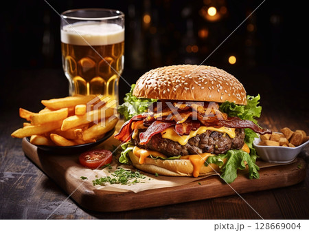 Tasty burger with bacon and cheese with fries and beer glass on wooden board.Macro.AI Generative 128669004