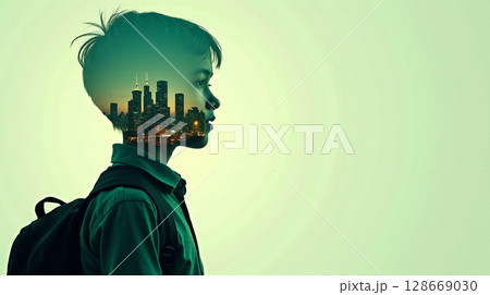 A schoolboy stands in profile, showcasing a double exposure of a recycling facility. This artistic representation emphasizes the importance of eco education for youth. 128669030