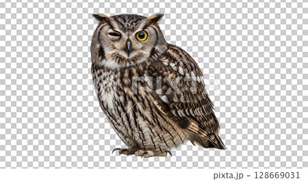 A plump owl displays a charming character by closing one eye while keeping the other wide open. This unique pose highlights its distinctive feathers and playful demeanor. 128669031
