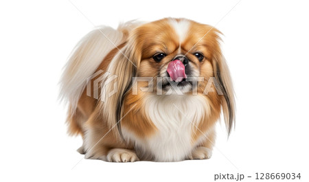 A fluffy Pekingese dog with long hair is playfully licking its nose with its tongue. This adorable canine exudes charm and personality in a full-length view isolated on a transparent background. 128669034