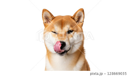 A Shiba inu dog showcases its playful personality by closing one eye while licking its nose. The full-length view captures the dog's charming features and expressive demeanor. A Shiba inu dog showcases its playful personality by closing one eye while licking its nose. The full-length view captures the dog's charming features and expressive demeanor. 128669035
