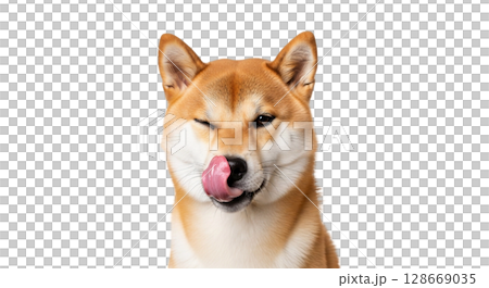 A Shiba inu dog showcases its playful personality by closing one eye while licking its nose. The full-length view captures the dog's charming features and expressive demeanor. A Shiba inu dog showcases its playful personality by closing one eye while licking its nose. The full-length view captures the dog's charming features and expressive demeanor. 128669035