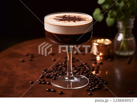 Glass of espresso martini cocktail with coffee beans on wooden bar table.Macro.AI Generative. Glass of espresso martini cocktail with coffee beans on wooden bar table.Macro.AI Generative. 128669057