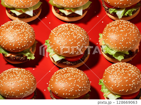 Many beef burgers cheeseburgers with vegetables and sauce pattern on red background.AI Generative. 128669063