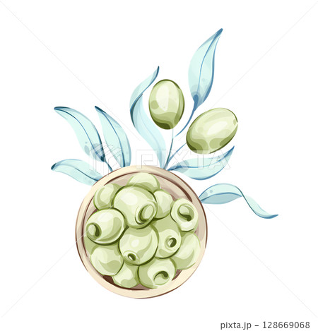 Explore the beauty of olives and olive oil in a watercolor illustration inspired by Italian cuisine and nature Explore the beauty of olives and olive oil in a watercolor illustration inspired by Italian cuisine and nature 128669068