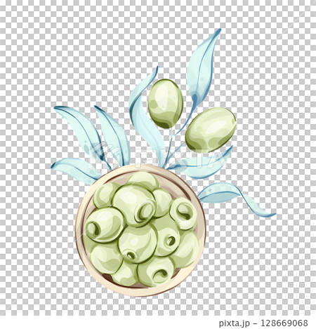Explore the beauty of olives and olive oil in a watercolor illustration inspired by Italian cuisine and nature Explore the beauty of olives and olive oil in a watercolor illustration inspired by Italian cuisine and nature 128669068