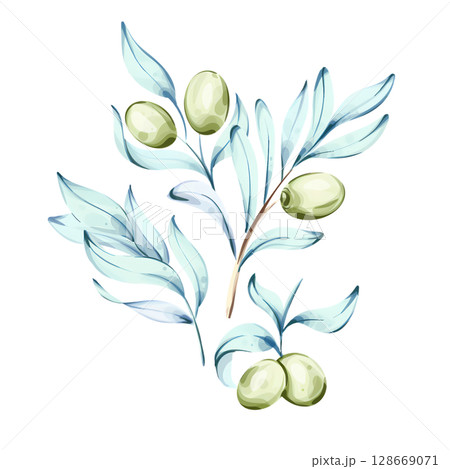 Olives and olive oil illustrated in watercolor style showcasing nature and Italian culinary traditions Olives and olive oil illustrated in watercolor style showcasing nature and Italian culinary traditions 128669071