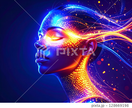 Futuristic Neon Letters Close-Up. Abstract Artificial Intelligence Concept Illustration 128669198