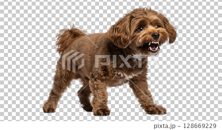 Brown maltipoo dog stands with its teeth bared and growling, showcasing its aggressive posture. The isolated background highlights the dog's intense expression and stance. 128669229
