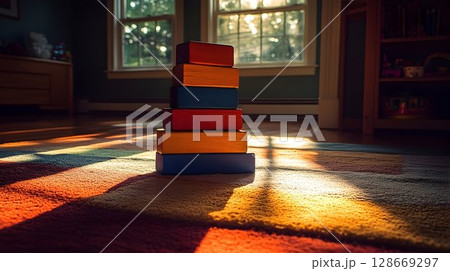 Colorful wooden blocks stacked on carpet sunlit room Colorful wooden blocks stacked on carpet sunlit room 128669297