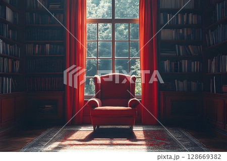 Sunlit library with red armchair and bookshelves 128669382