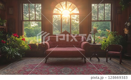 Sunlit room with antique sofa and plants vintage interior design Sunlit room with antique sofa and plants vintage interior design 128669383