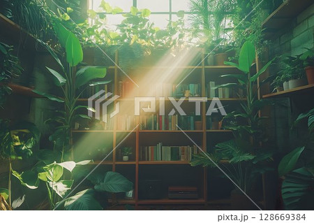 Sunlight streaming through plants in a book filled room Sunlight streaming through plants in a book filled room 128669384