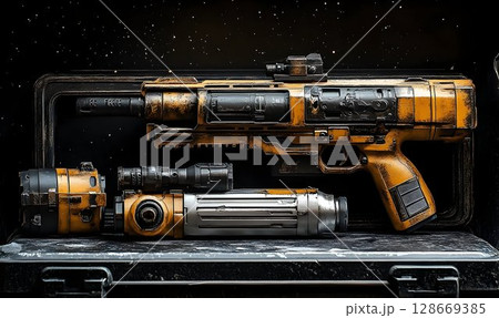 Futuristic weapon and accessories sci fi gun render Futuristic weapon and accessories sci fi gun render 128669385