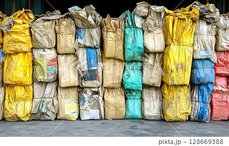 Compressed cardboard and paper recycling bundles 128669388