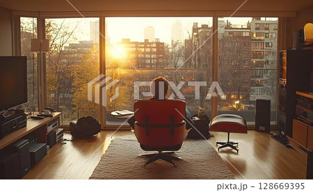 Man relaxing sunset city view comfortable home interior Man relaxing sunset city view comfortable home interior 128669395