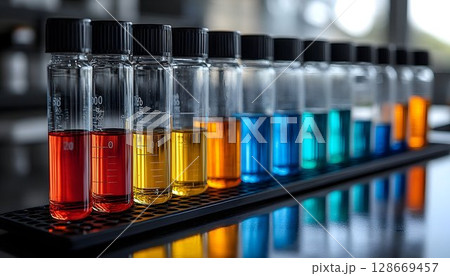 Colorful liquid samples in test tubes science research laboratory experiment 128669457