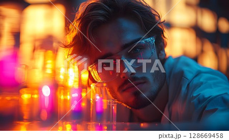 Focused young scientist in vibrant laboratory setting 128669458