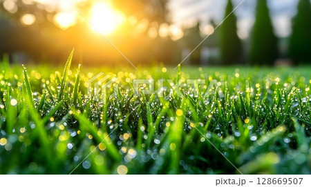 Morning dew on lush green grass nature photography background 128669507