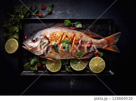 Whole grilled fish with skin on metal plate with parsley and lime on black table.Macro.AI Generative Whole grilled fish with skin on metal plate with parsley and lime on black table.Macro.AI Generative 128669510