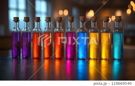 Vibrant colored liquids in glass bottles reflective surface 128669540