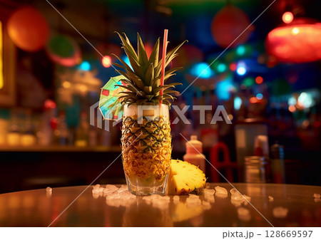 Pina colada cocktail drink with pineapple and ice and umbrella on bar table.Macro.AI Generative 128669597