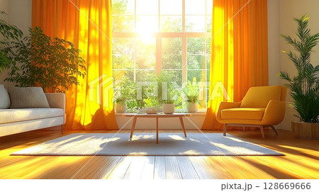 Sunlit living room interior with yellow accents and plants 128669666