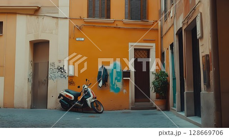 Urban alleyway with parked scooter warm colors and textured walls 128669706