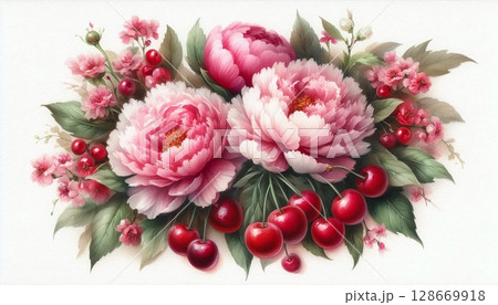 Pink Peonies with Cherries Floral Watercolor Art Print Pink Peonies with Cherries Floral Watercolor Art Print 128669918