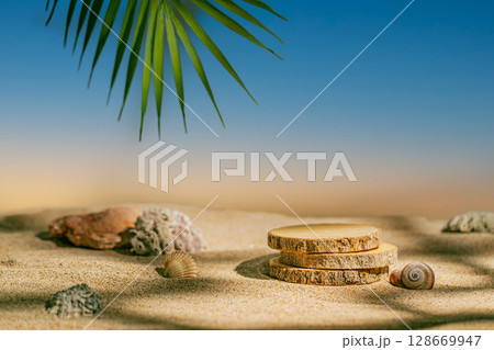 Natural product display scene with wood podiums on beach sand Natural product display scene with wood podiums on beach sand 128669947