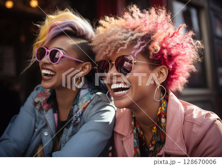 Happy wild young smiling lesbian couple with pink curly hair from LGBT community.AI Generative. 128670006