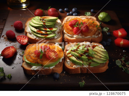 Healthy toast with cream and avocado and tomato berries and vegetables on table.Macro.AI Generative. Healthy toast with cream and avocado and tomato berries and vegetables on table.Macro.AI Generative. 128670075
