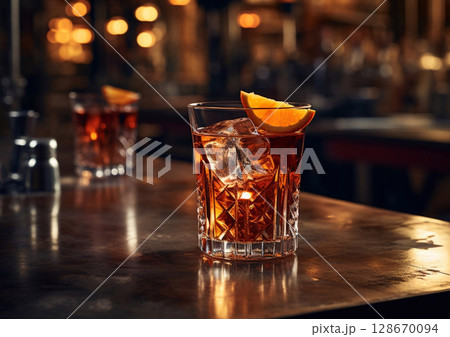Glass of negroni cocktail with orange slice on bar table background.Macro.AI Generative. Glass of negroni cocktail with orange slice on bar table background.Macro.AI Generative. 128670094
