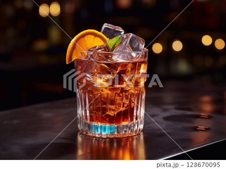 Glass of negroni cocktail with orange slice on bar table background.Macro.AI Generative. Glass of negroni cocktail with orange slice on bar table background.Macro.AI Generative. 128670095