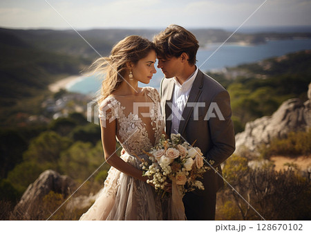 Wedding photo of happy young couple standing on hill with ocean view.Macro.AI Generative Wedding photo of happy young couple standing on hill with ocean view.Macro.AI Generative 128670102