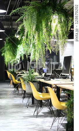 A room with yellow chairs and a plant hanging from the ceiling 128670202