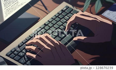 A person is typing on a computer keyboard 128670239