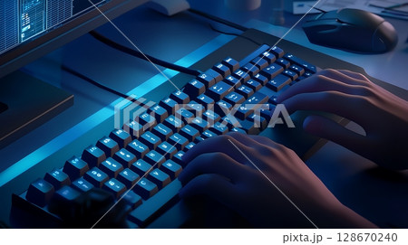 A person is typing on a computer keyboard with a blue background 128670240