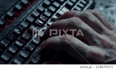 A person is typing on a keyboard with red keys 128670241