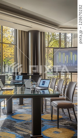 A conference room with a large screen and a number of laptops on tables 128670282