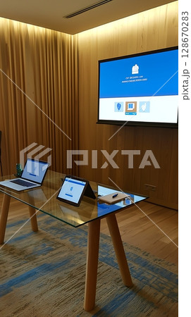 A computer desk with two laptops and a tablet 128670283