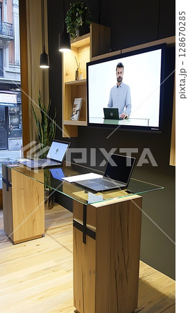 A man is on a laptop in front of a television 128670285