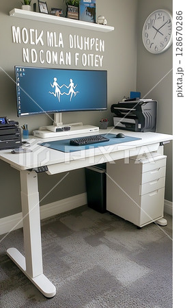 A computer desk with a monitor and keyboard on it 128670286