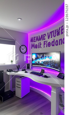 A computer room with a purple wall and a clock on the wall 128670287