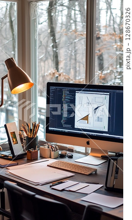A computer monitor is on a desk with a lamp next to it A computer monitor is on a desk with a lamp next to it 128670326